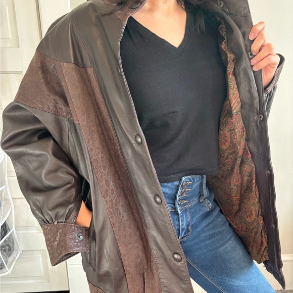 Vintage Bomber Chocolate Brown Animal Print Genuine Leather Jacket - Size Large - Picture 4 of 14